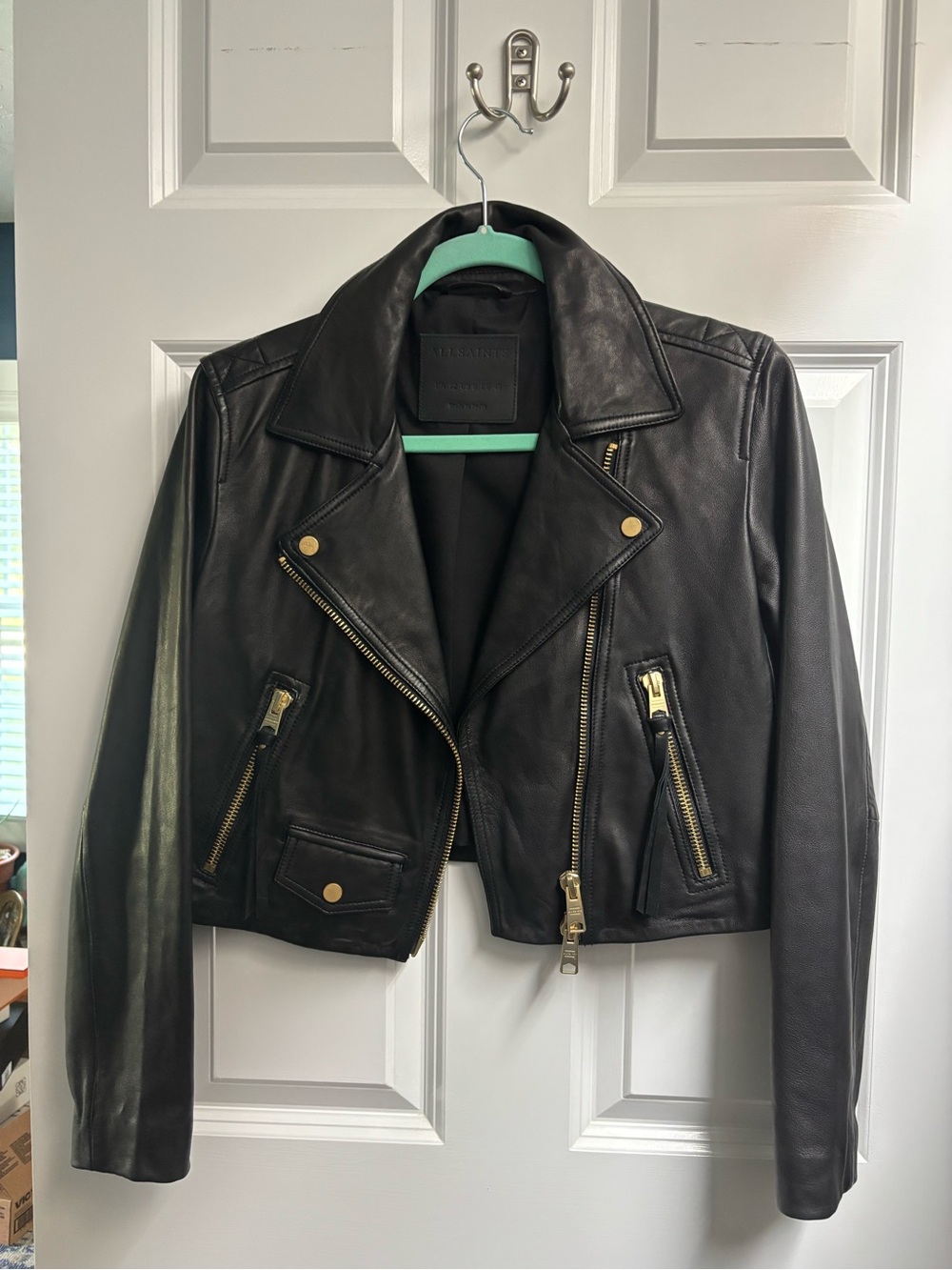 All Saints Cropped Black Leather Jacket with Gold Hardware Size 8